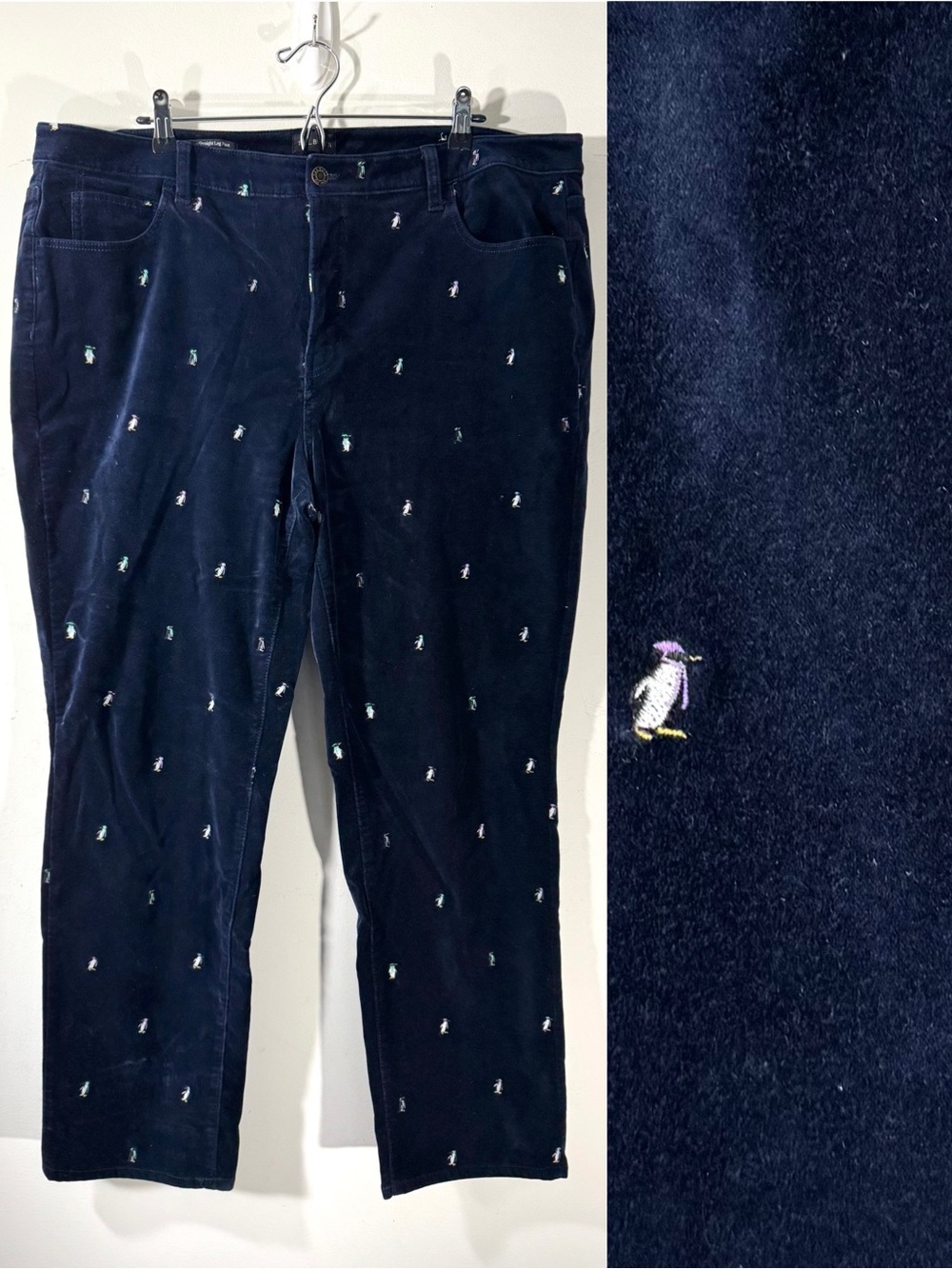 Talbots Navy Velveteen Straight Leg pant embroidered Penguins Sz 18W